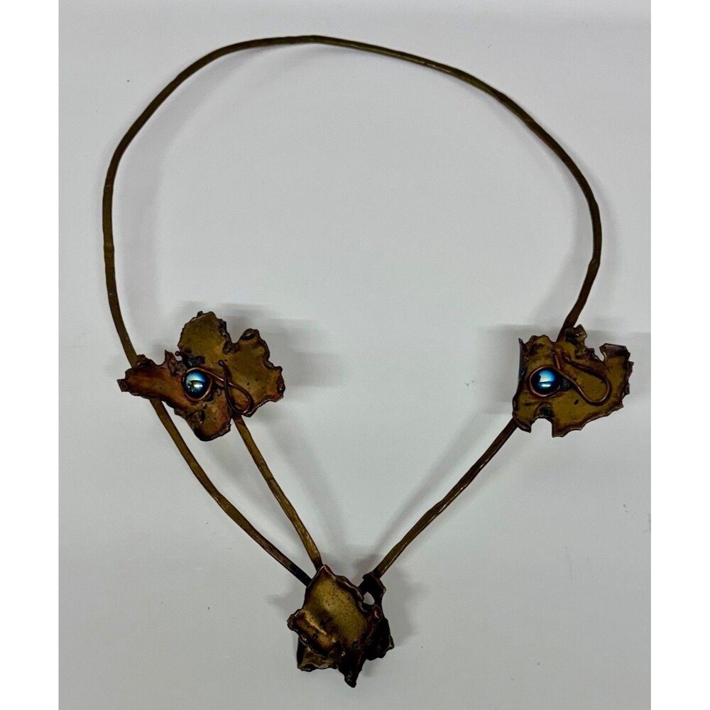 Hand Forged Copper Torque Necklace Hammered Leaf Nature Inspired Artisan